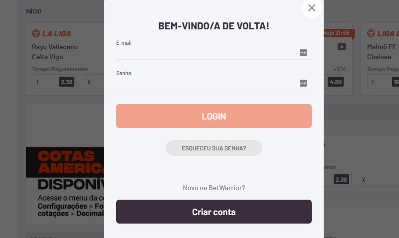 Criar conta na casa de apostas BetWarrior